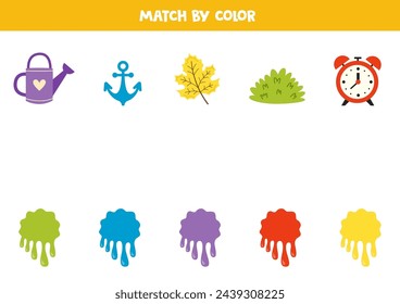 Color matching game for preschool kids. Match colorful items and blobs of paint by colors.