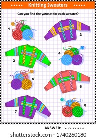 Color matching and knitting visual puzzle for kids: Can you find the yarn set for each sweater? Answer included.