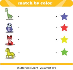 Color matching logic game with cute animal drawings giraffe owl fox zebra