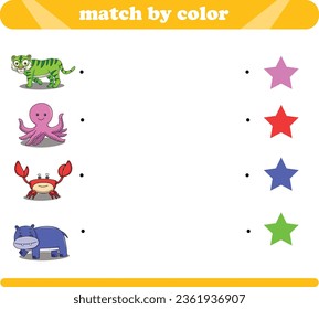 Color matching logic game with cute animal drawings tiger octopus crab hippopotamus