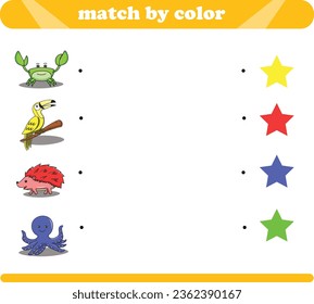 Color matching logic game with cute animal drawings crab toucan hedgehog octopus