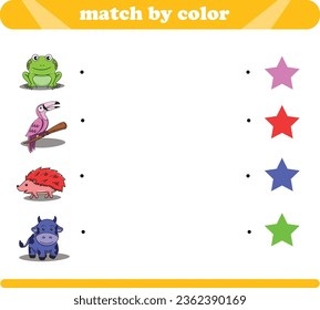 Color matching logic game with cute animal drawings frog toucan hedgehog cow