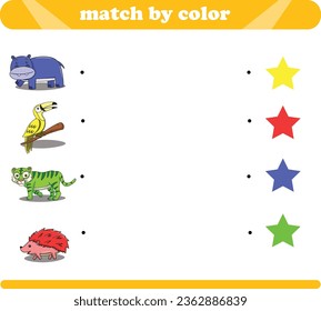 Color matching logic game with cute animal drawings hippopotamus toucan tiger hedgehog