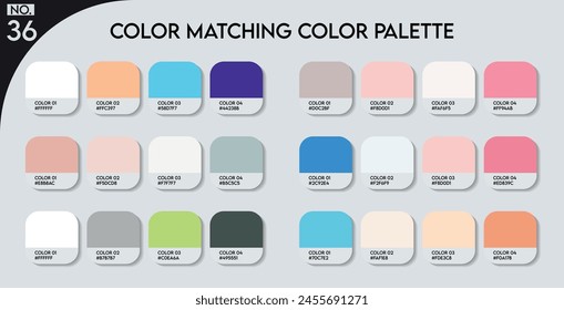 Color matching color palette - 36, Fashion Trend Color guide palette, An example of a colors vector. Forecast of the future. HEX code palette for fashion designers, Logo Design Color Shades palettes