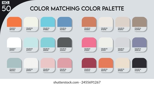 Color matching color palette - 50, Fashion Trend Color guide palette, An example of a colors vector. Forecast of the future. HEX code palette for fashion designers, Logo Design Color Shades palettes