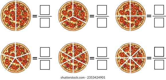 Color math worksheet for fractions.Fraction for children.fraction with pizza.Vector illustration