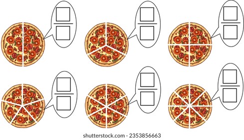 Color math worksheet for fractions.Fraction for children.fraction with pizza.Vector illustration
