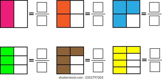 Color math worksheet for fractions.Vector illustration