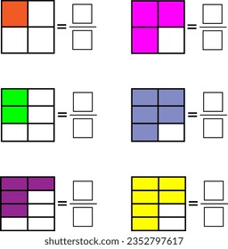 Color math worksheet for fractions.Vector illustration