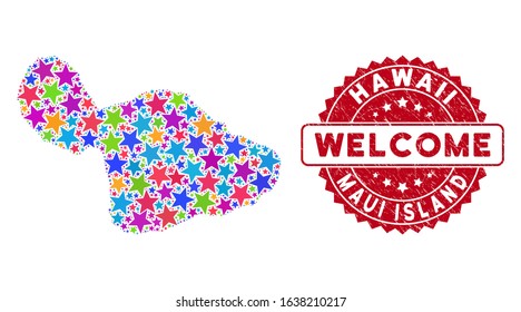 Color Maui Island map collage of stars, and distress rounded red WELCOME stamp seal. Abstract territory scheme in bright color tones. Vector Maui Island map is designed of colorful stars.