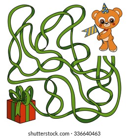 Color maze game for children: bear and gift