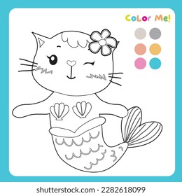 Color me: colouring page with summer theme. Cute and kawaii cat mermaid. Coloring activity. Vector file.