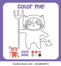 Color me: cute cat dress with Halloween costume. The cute red devil. Printable coloring page for toddlers. Kawaii design vector illustration