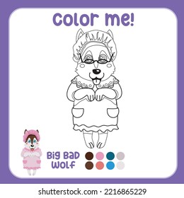 Color me: cute dog dress and Halloween costume  The big bad wolf  Printable coloring page for toddlers  Kawaii design vector illustration