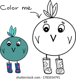 Color me drawing, coloring page with funny simple illustration and colorful example of a cute bird wearing rubber boots, vector page for elementary school kids game