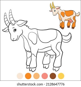 Color me: farm animals. Spotted goat with yellow horns stands and smiles.