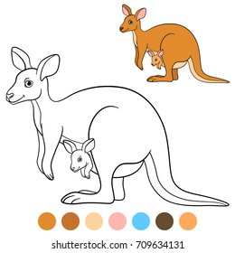 Color me: kangaroo. Mother kangaroo with her little cute baby.