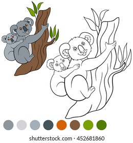 Color me: koala. Mother koala sits with her little cute baby on the tree branch and smiles.