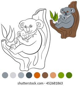 Color me: koala. Mother koala sits with her little cute baby on the tree branch and smiles.