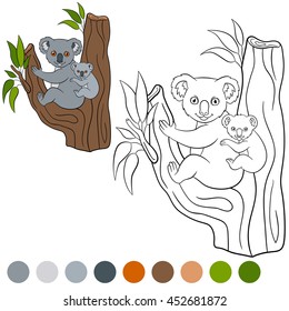 Color me: koala. Mother koala sits with her little cute baby on the tree branch and smiles.