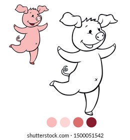 Color me: Little cute piglet runs and smiles.