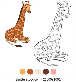 Color me: wild animals. Big kind spotted giraffe lays and smiles.