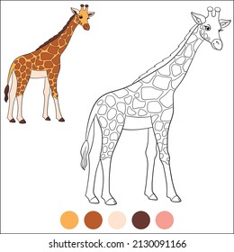 Color me: wild animals. Big kind spotted giraffe with long neck stands and smiles.