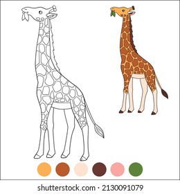 Color me: wild animals. Cute giraffe with very long neck stands and eats leaves.