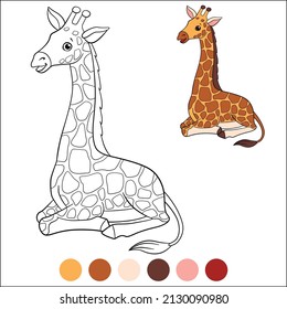 Color me: wild animals. Little cute spotted baby giraffe lays and smiles.