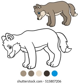Color me: wolf. Little cute baby wolf stands and smiles.