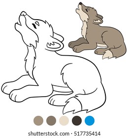 Color me: wolf. Little cute baby wolf lies and howling.