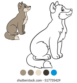 Color me: wolf. Little cute baby wolf sits and smiles.