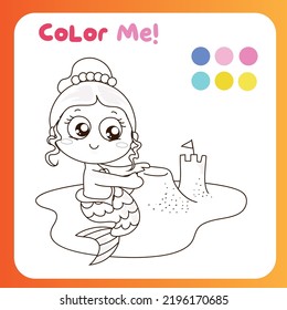 Color me worksheet for children. Coloring mermaid. Motor skills for children. Vector illustrations. 