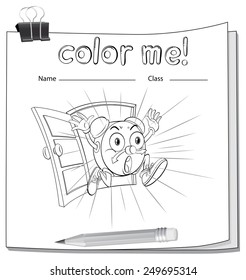 A color me worksheet with a running clock on a white background