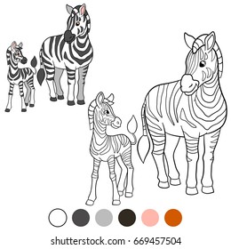 Color me: zebra. Mother zebra with her cute baby zebra.