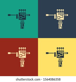 Color Mechanical robot hand and screwdriver tool icon isolated on color background. Robotic arm symbol. Technological concept. Vintage style drawing. Vector Illustration