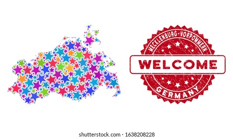 Color Mecklenburg-Vorpommern Land map collage of stars, and textured round red WELCOME seal. Abstract territorial plan in bright color hues.
