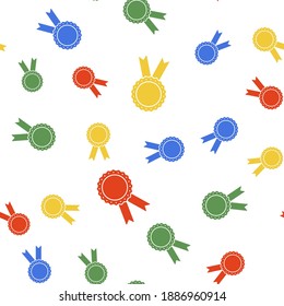 Color Medal badge with ribbons icon isolated seamless pattern on white background. Vector.