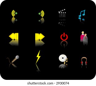 color media icon set with reflections on a black background