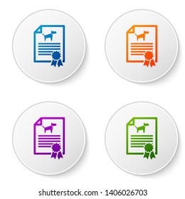 Color Medical certificate for travel with dog or cat icon isolated on white background. Document for pet. Dog or cat paw print. Set icons in circle buttons. Vector Illustration