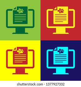 Color Medical clinical record pet on monitor icon isolated on color backgrounds. Health insurance form. Prescription, medical check marks report. Vector Illustration