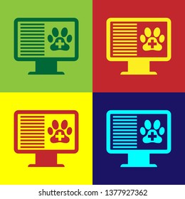 Color Medical clinical record pet on monitor icon isolated on color backgrounds. Health insurance form. Prescription, medical check marks report. Vector Illustration