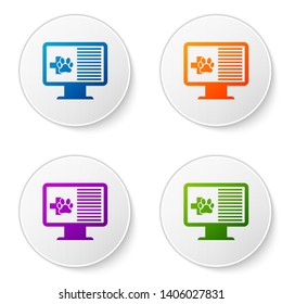Color Medical clinical record pet on monitor icon isolated on white background. Health insurance form. Prescription, medical check marks report. Set icons in circle buttons. Vector Illustration