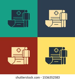 Color Medical clipboard with clinical record icon isolated on color background. Health insurance form. Prescription, medical check marks report. Vintage style drawing. Vector Illustration