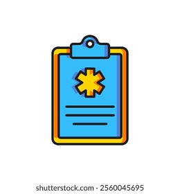 Color Medical clipboard with clinical record icon isolated on white background. Health insurance form. Prescription, medical check marks report. Flat filled outline style with shadow. Vector