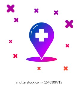 Color Medical map pointer with cross hospital icon isolated on white background. Gradient random dynamic shapes. Vector Illustration