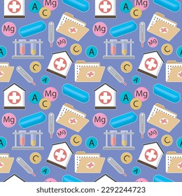 color medical pattern with elements of hospital, vitamin pills, tubes, thermometer and folder