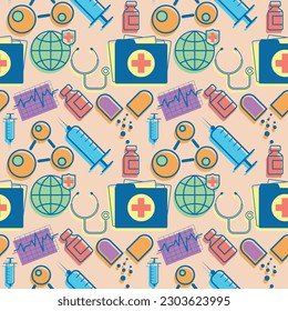 color medical pattern with elements of molecular mesh, globe, folder with docs, heartbeat, syringe, ampule and stethoscope