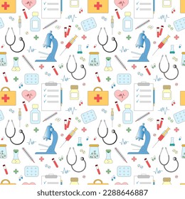 Color medical seamless pattern, clinic vector illustration. Hospital thin line icons - thermometer, check, tests, drugs, first aid kit, syringe, pills, microscope, stethoscope.
