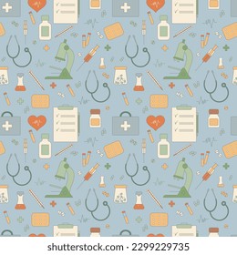 Color medical seamless pattern in retro style, clinic vector illustration. Hospital thin line icons - thermometer, check, tests, drugs, first aid kit, syringe, pills, microscope, stethoscope.
